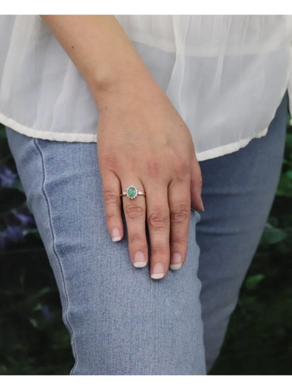 18k Gold Over Sterling Silver Natural Emerald & White Zircon Ring Size 8